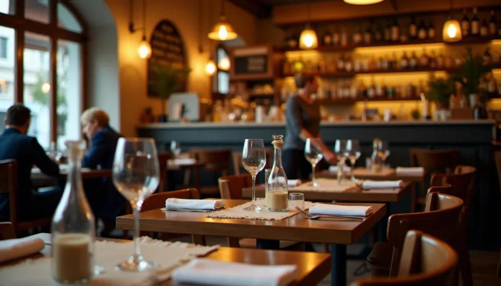 Intérieur animé d'un bistrot cardinal lyonnais avec comptoir en zinc, ardoise au mur et tables en bois dressées pour le service