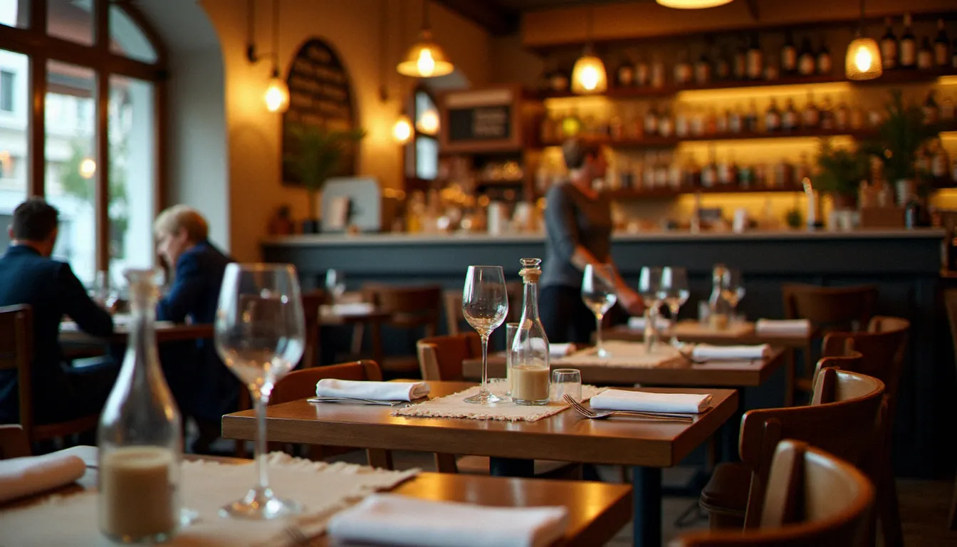 Intérieur animé d'un bistrot cardinal lyonnais avec comptoir en zinc, ardoise au mur et tables en bois dressées pour le service