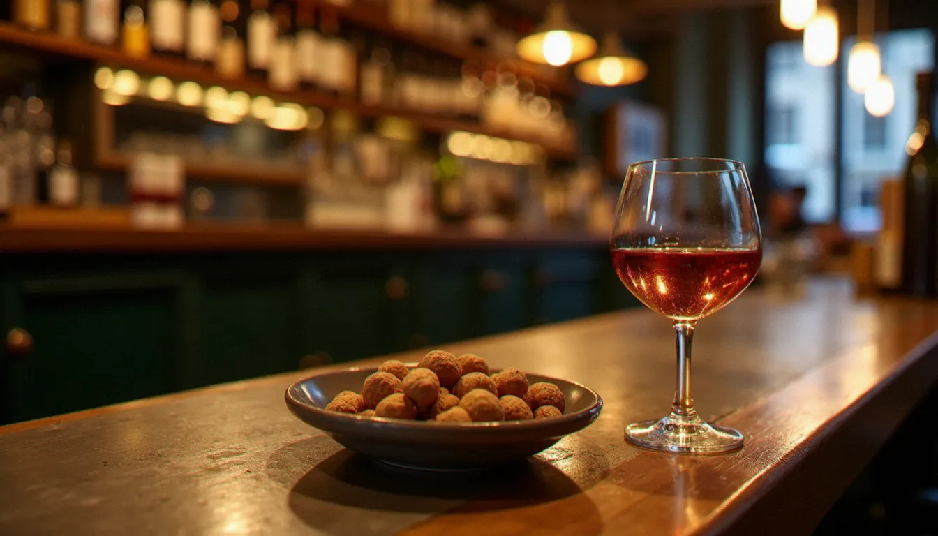 Comptoir en zinc d'un vieux bistrot lyonnais avec verre de Beaujolais et bouteilles en arrière-plan