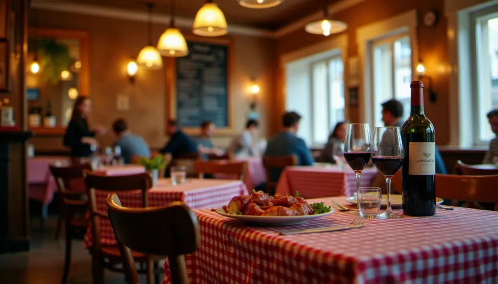Salle animée d'un bistrot de Lyon avec nappes à carreaux rouges et blancs, carafe de Beaujolais et ardoise murale
