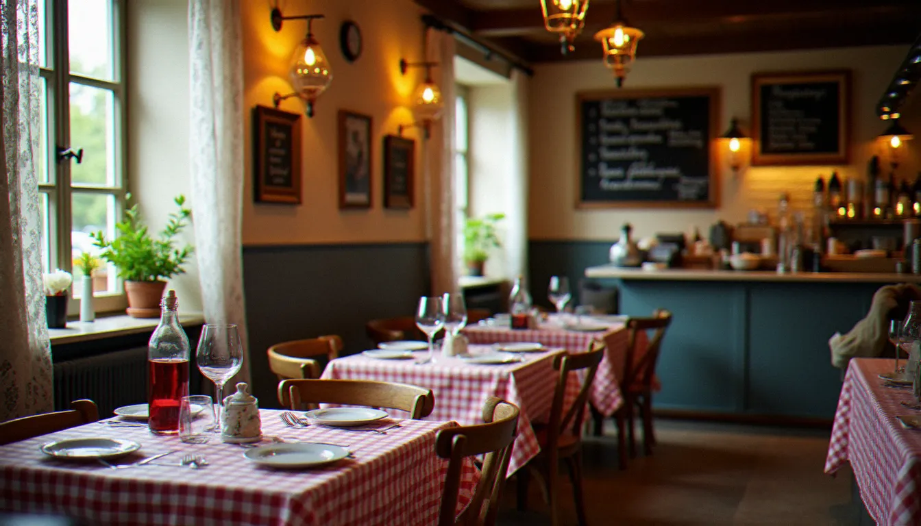 Intérieur d'un bistrot de pays avec comptoir en zinc, ardoise du jour et clients locaux attablés à midi