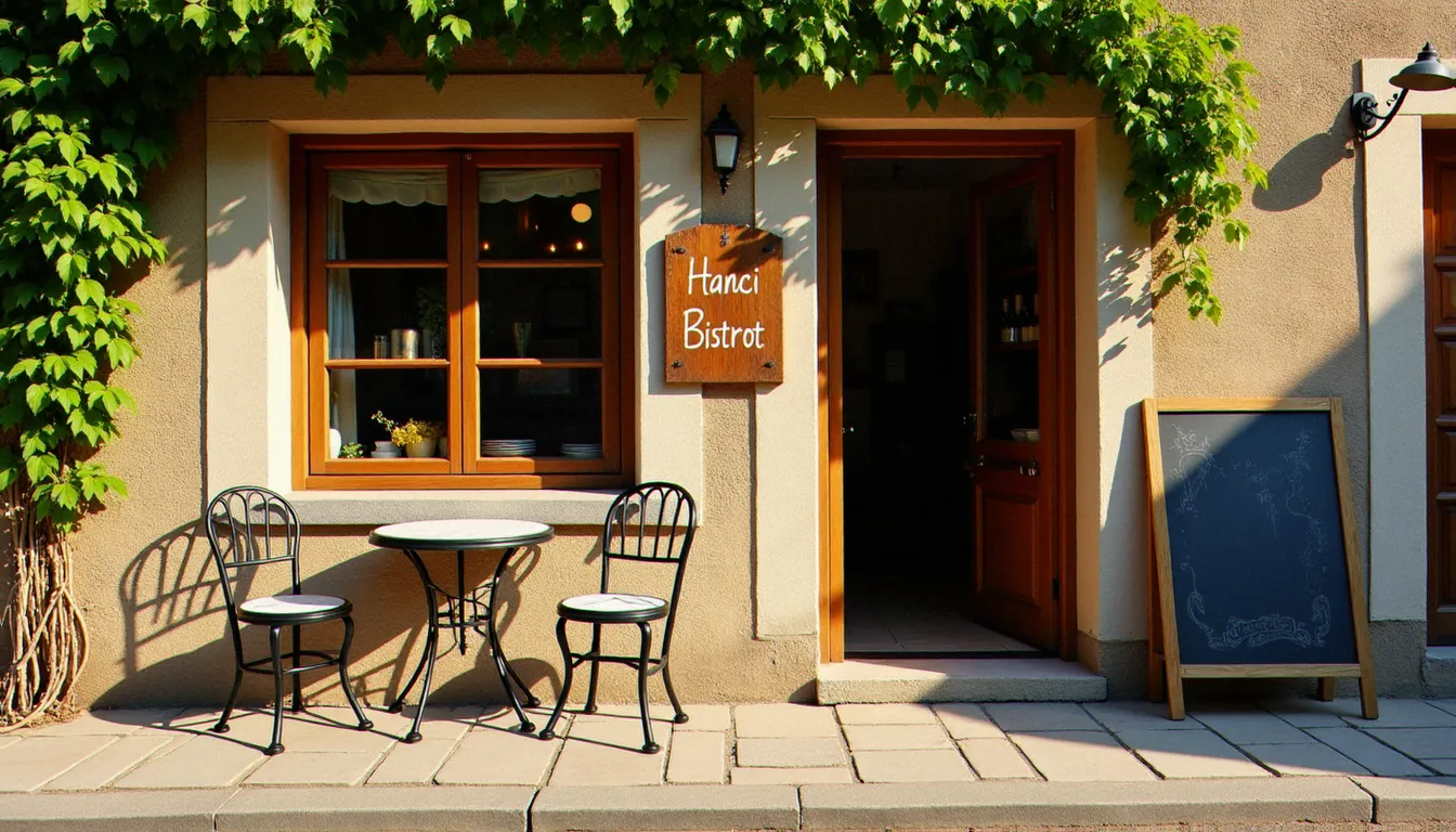 Façade d'un bistrot de pays en pierre avec terrasse ensoleillée et menu ardoise, dans un village rural français