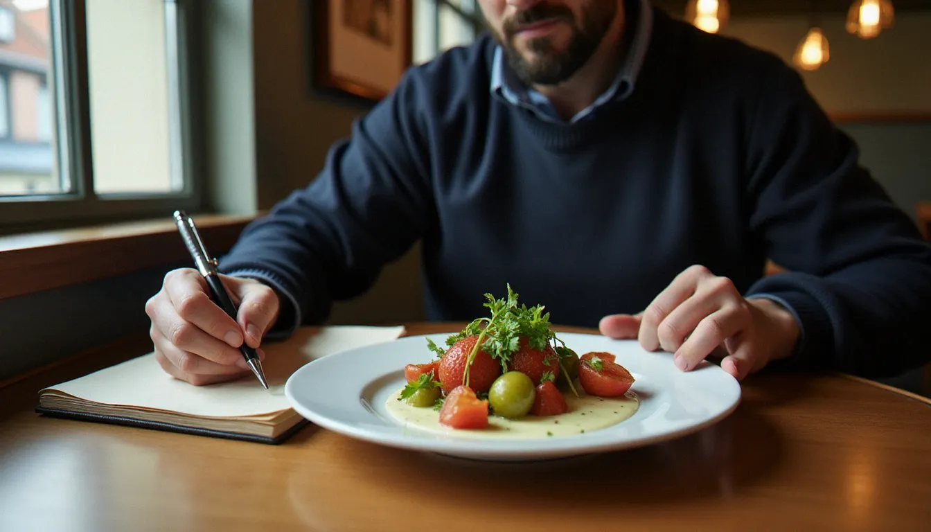 Inspecteur anonyme prenant des notes sur son carnet lors d'une visite incognito dans un bistrot français