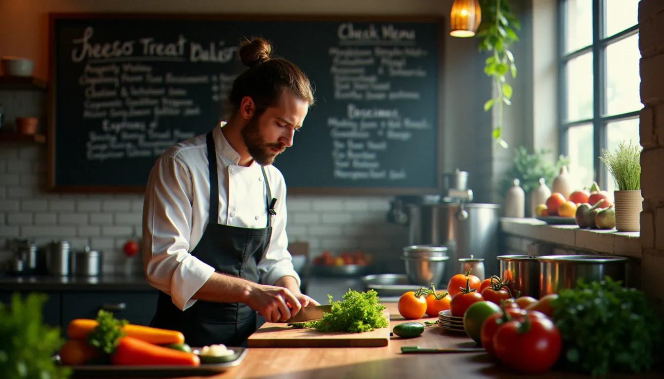 Chef de bistrot seul en cuisine le matin, préparant sa mise en place devant une ardoise du menu du jour faite à la main