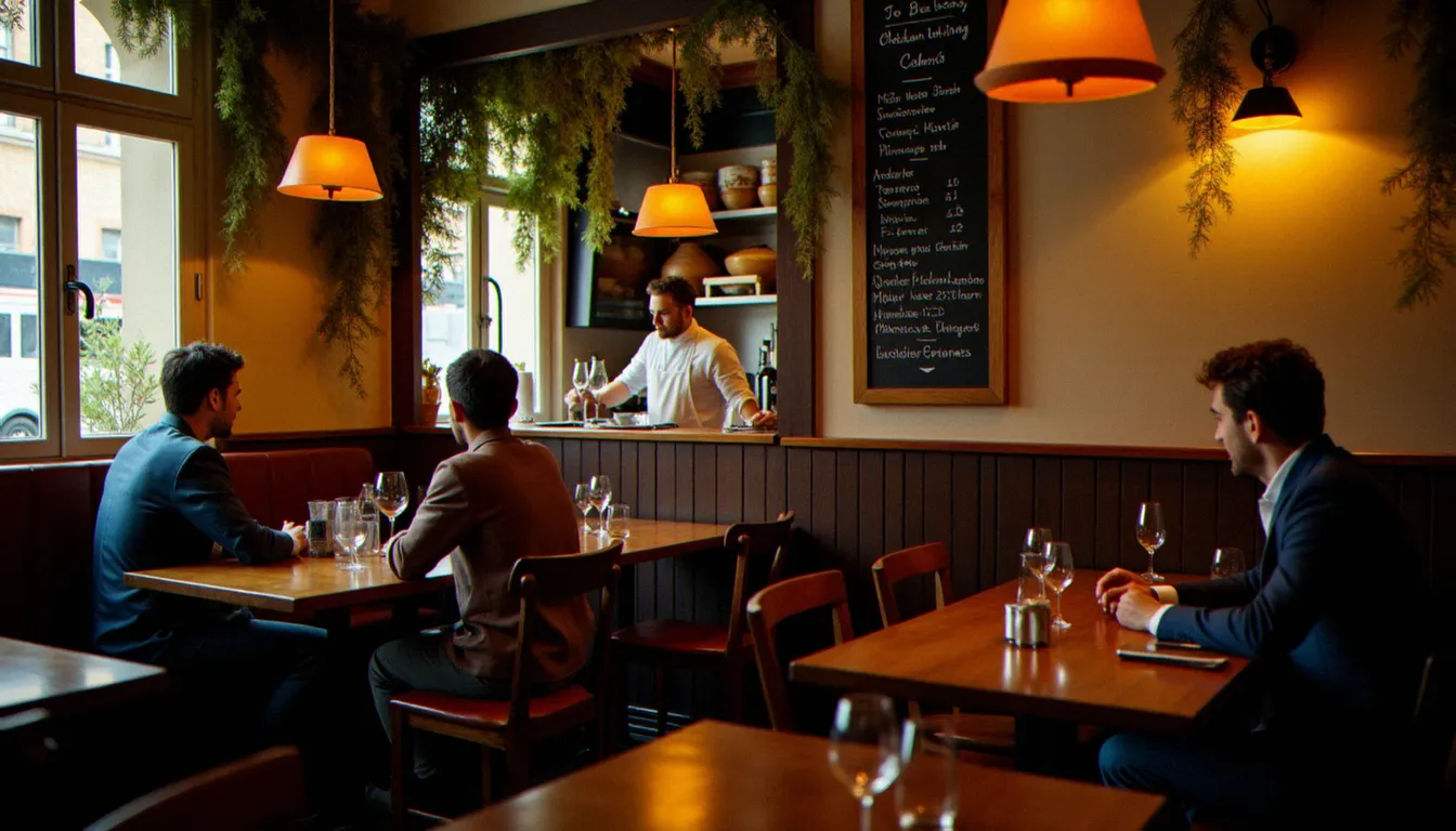 Intérieur chaleureux d'un bistrot français avec ardoise au mur et cuisine ouverte, évoquant les adresses sélectionnées par le guide Michelin