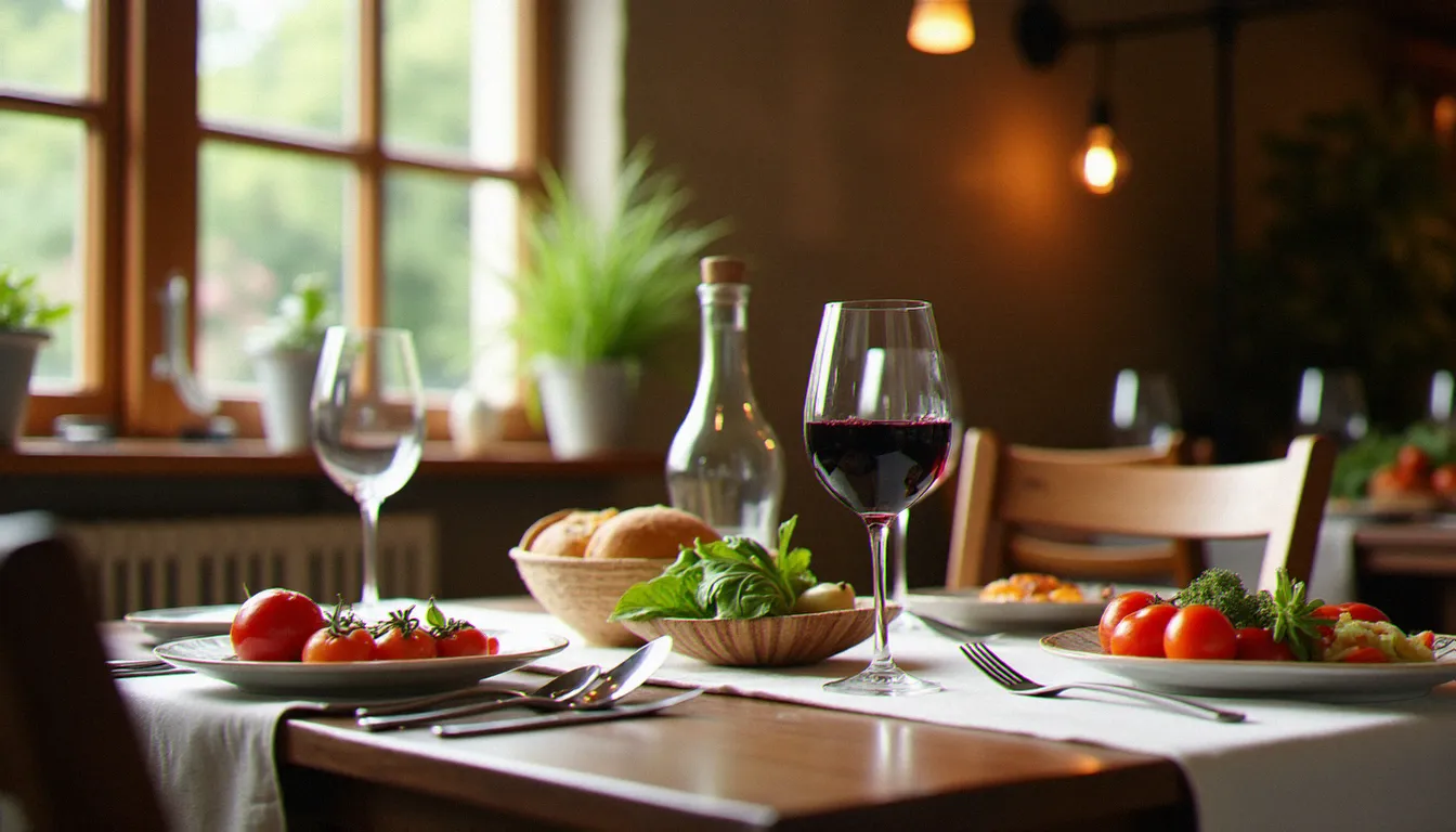 Table dressée dans un bistrot de quartier avec carafon de vin rouge, corbeille de pain et assiettes de légumes de saison