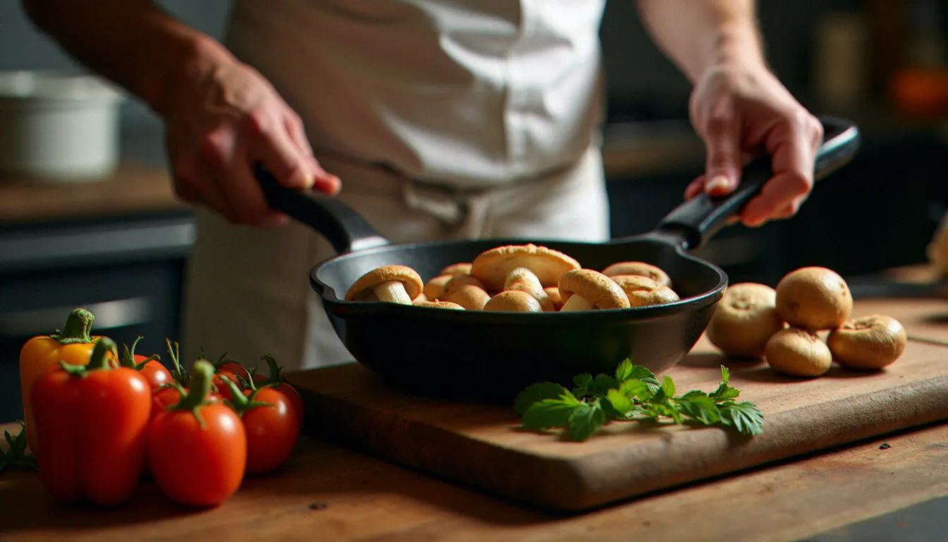 Chef préparant des coulemelles et des champignons sauvages d'automne dans la cuisine d'un bistrot traditionnel français