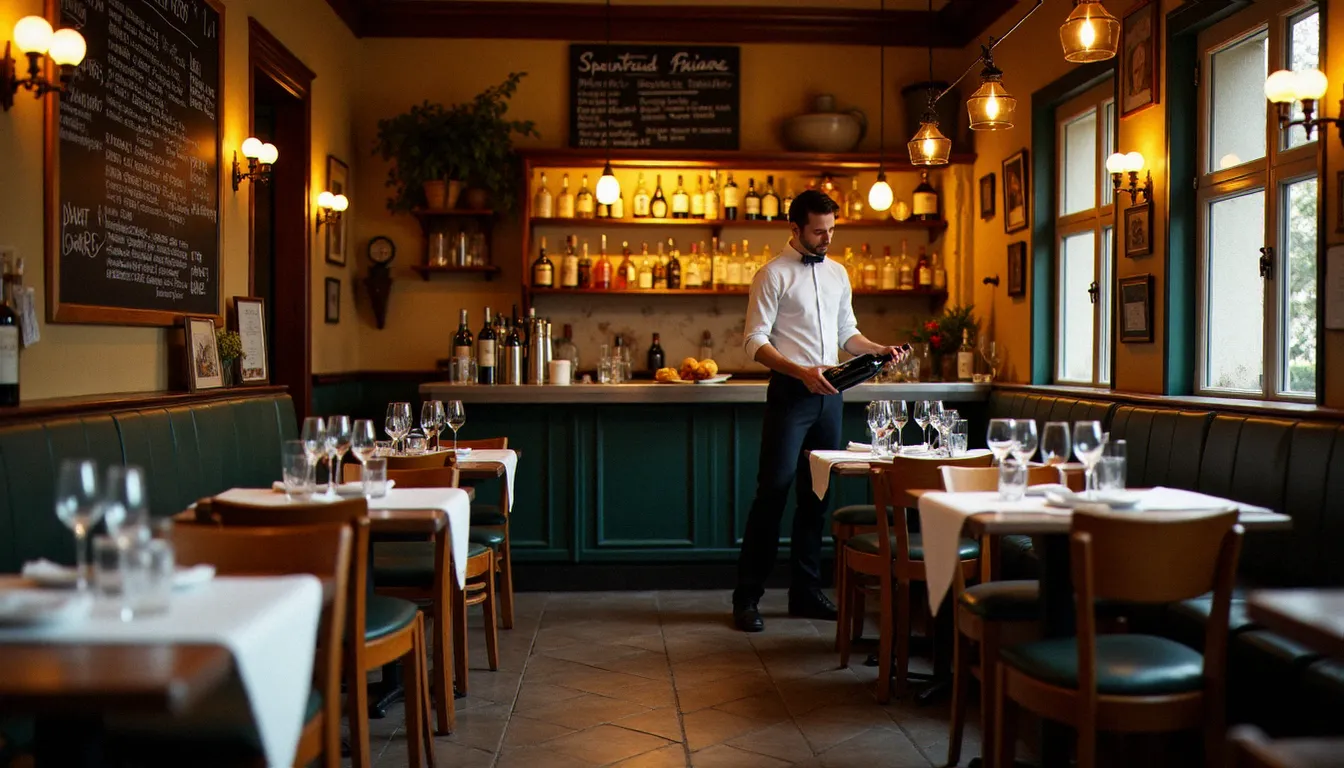 Intérieur chaleureux du bistrot La Coulemelle avec son comptoir en zinc, ses tables en bois et son ardoise de suggestions du jour