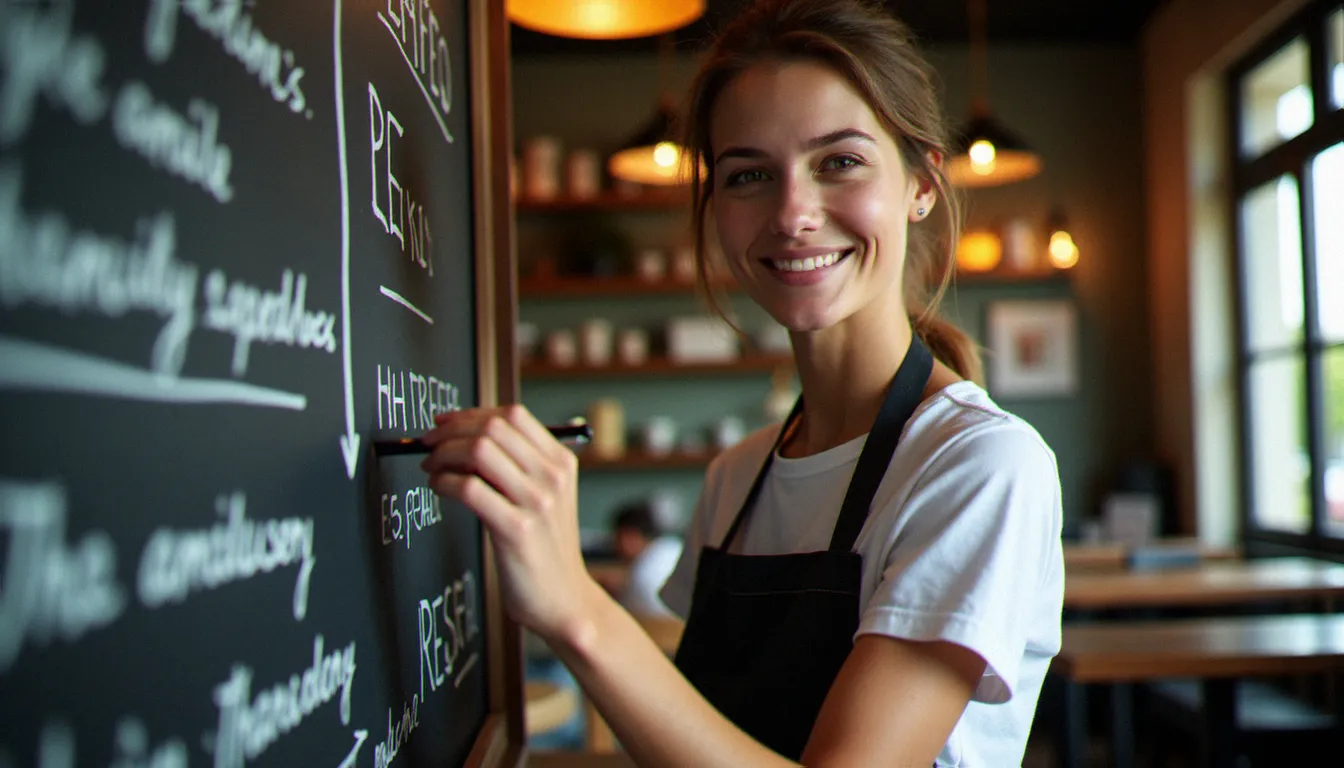 Serveur d'un bistrot sans chichi écrivant le menu du jour à la craie sur une ardoise dans un restaurant de quartier
