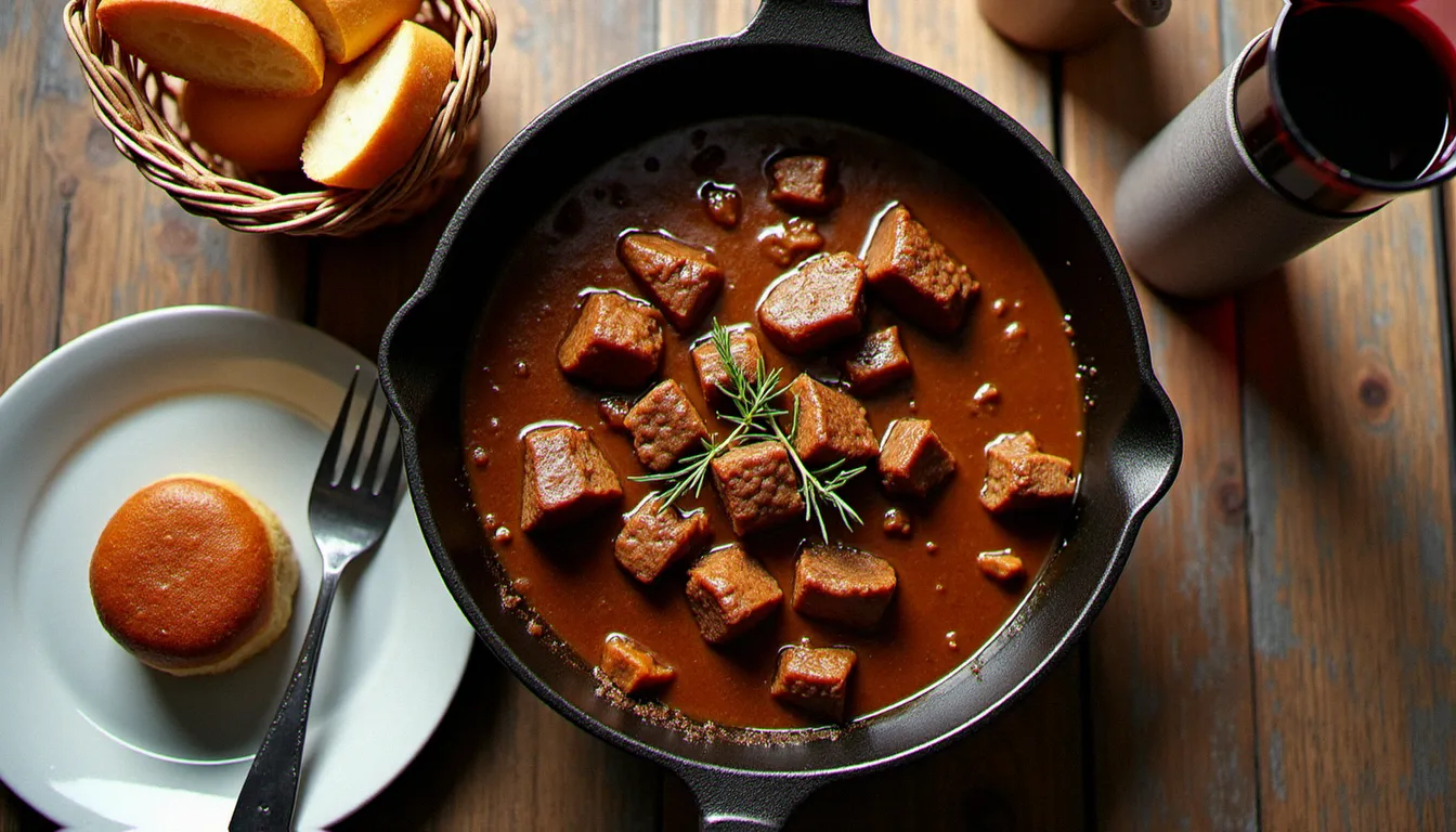 Vue de dessus d'un repas de bistrot sans chichi avec bœuf bourguignon en cocotte, pain croustillant et pichet de vin rouge sur table en bois