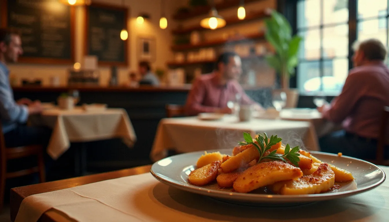 Intérieur chaleureux d'un bistrot sans chichi avec tables en bois, ardoise murale et assiette de cuisine traditionnelle française au premier plan