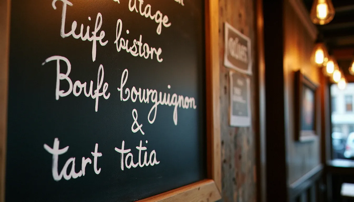 Ardoise manuscrite d'un bistrot de quartier présentant les plats du jour dans une atmosphère populaire et conviviale