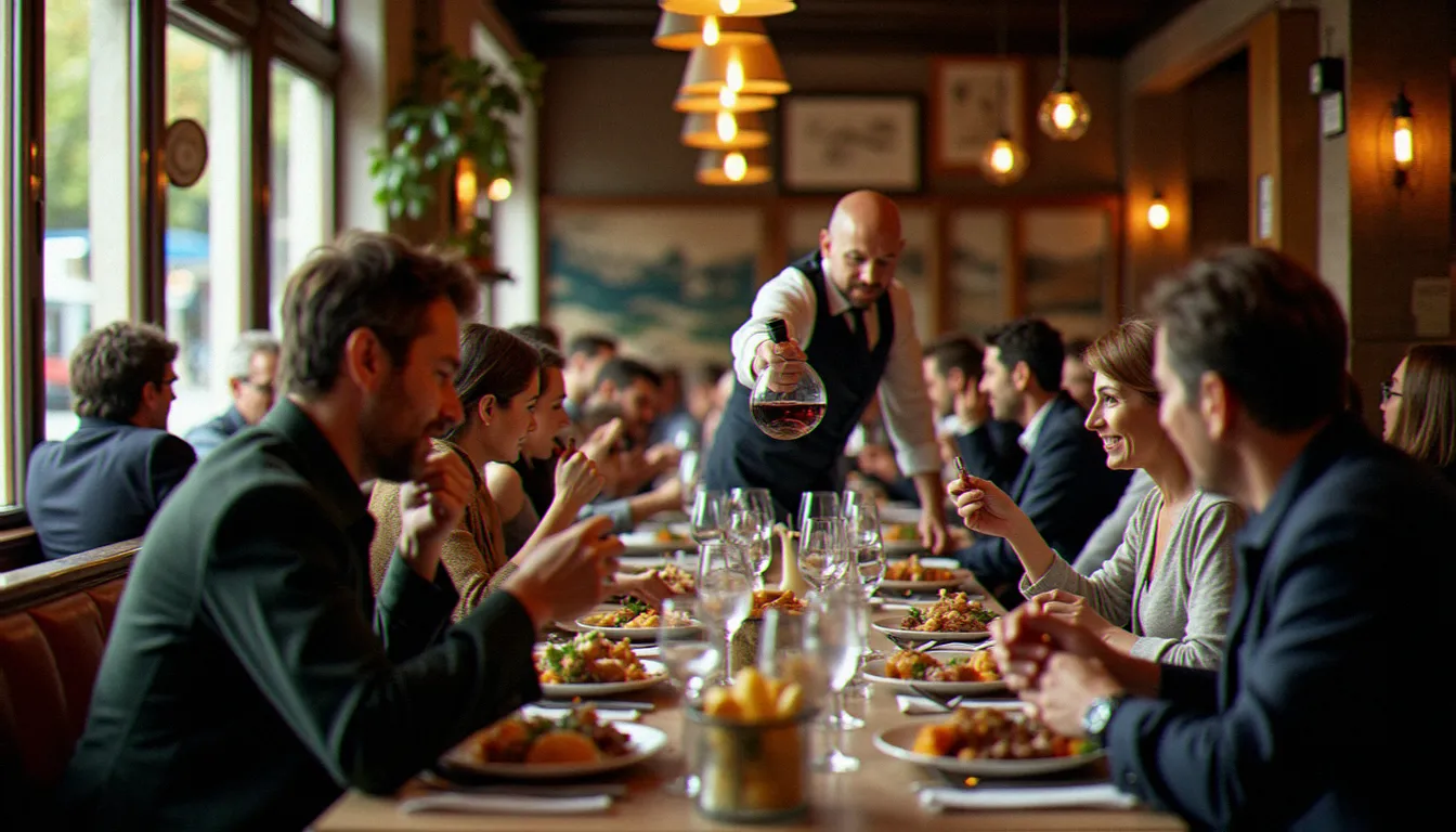 Salle animée d'un bistrot sans culottes au moment du service du déjeuner avec des habitués attablés autour de plats traditionnels