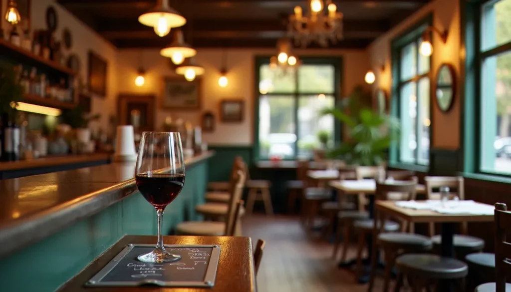 Intérieur d'un bistrot sans culottes avec comptoir en zinc, ardoise manuscrite et tables en bois dans une ambiance chaleureuse