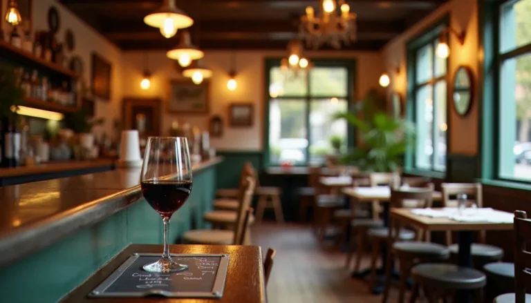 Intérieur d'un bistrot sans culottes avec comptoir en zinc, ardoise manuscrite et tables en bois dans une ambiance chaleureuse