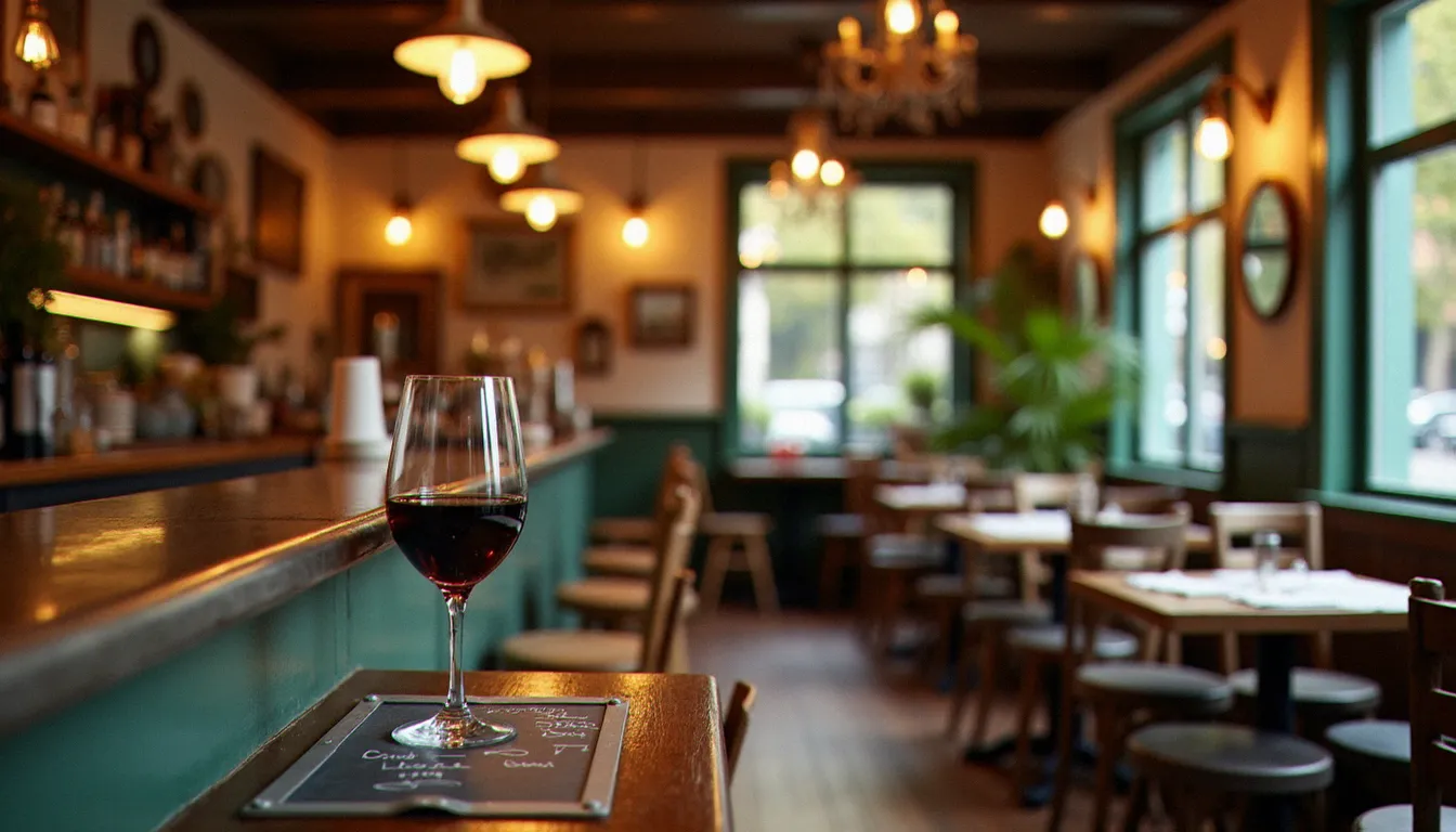 Intérieur d'un bistrot sans culottes avec comptoir en zinc, ardoise manuscrite et tables en bois dans une ambiance chaleureuse
