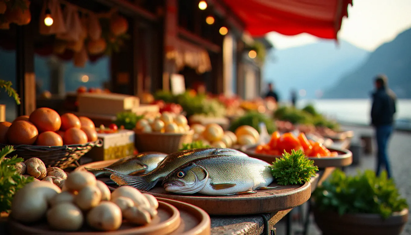 Étal de marché en Haute-Savoie avec perches du lac, champignons sauvages et fromages alpins, reflet du lac d'Annecy en arrière-plan