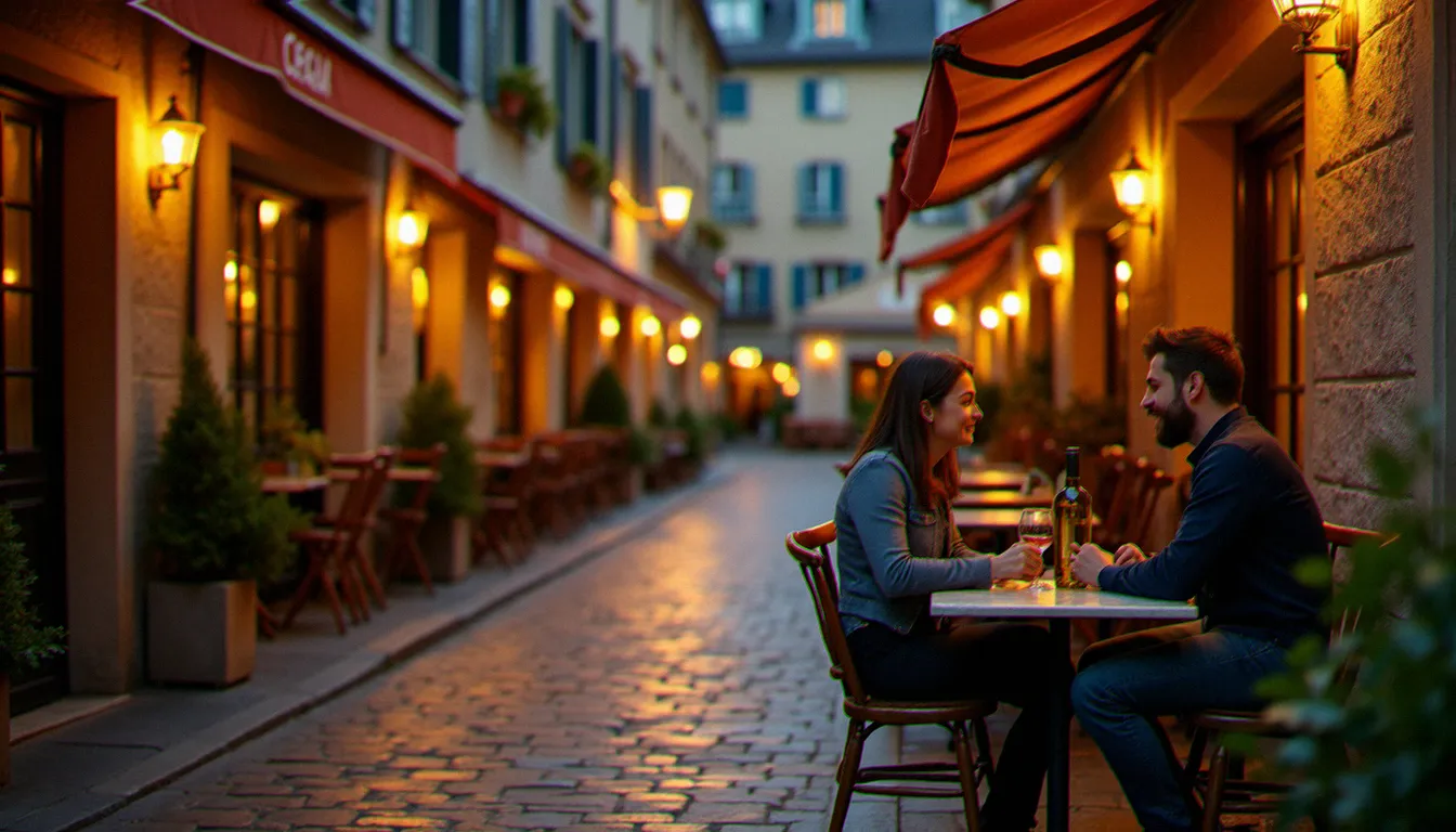 Terrasse de bistrot dans une ruelle du vieux Annecy au coucher du soleil, convives partageant un vin de Savoie à table en pierre