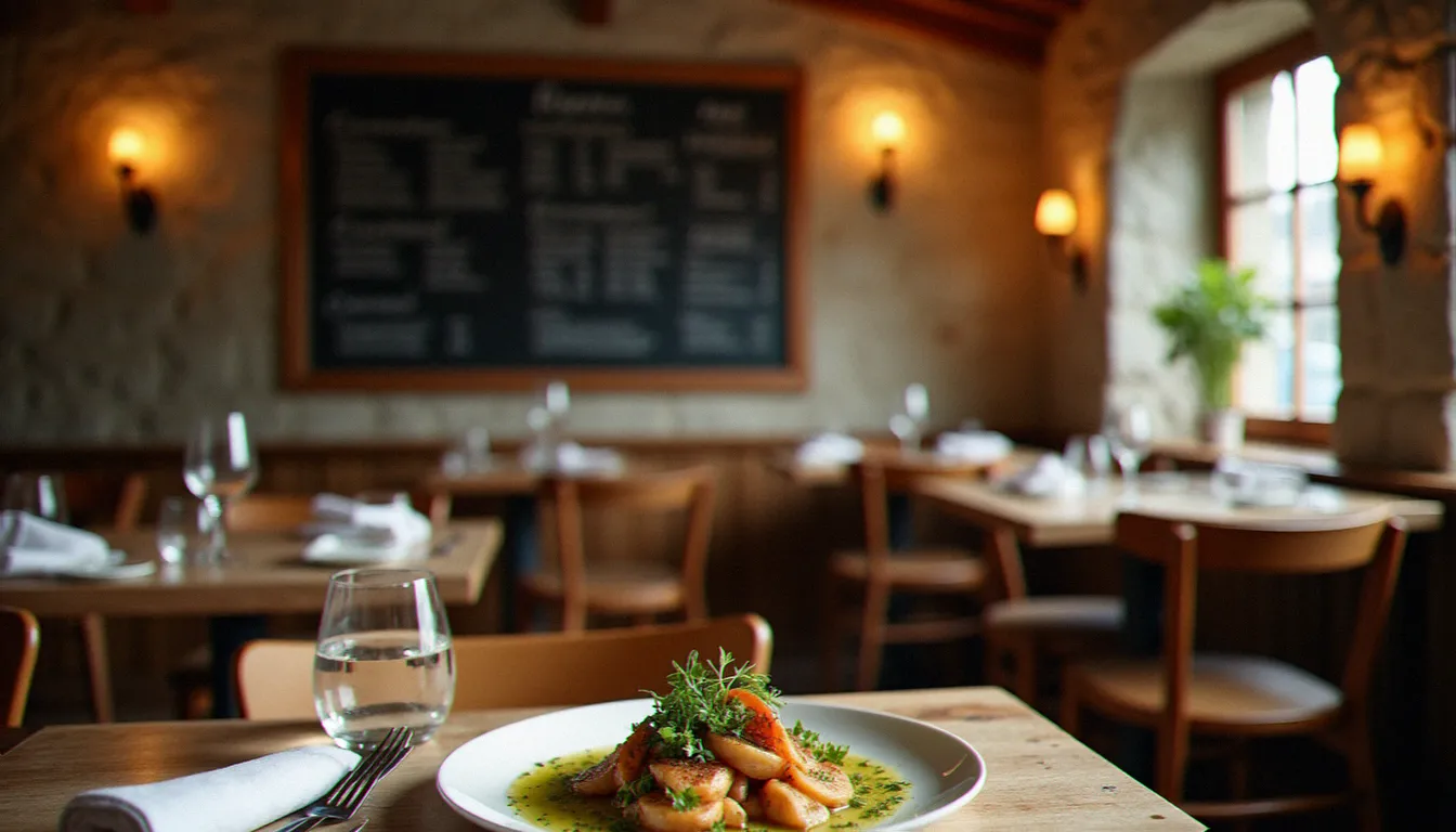 Intérieur chaleureux du bistrot sauvage Annecy avec tables en bois dressées, ardoise du menu et plat de poisson du lac aux herbes sauvages