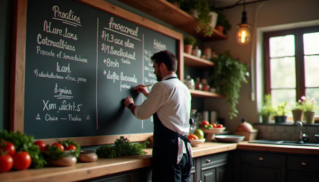 Chef de bistrot contemporain rédigeant l'ardoise du jour dans une cuisine ouverte lumineuse, illustrant la réinvention du bistrot moderne