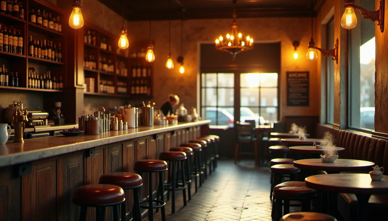 Intérieur chaleureux d'un bistrot français avec comptoir en zinc, tables en marbre et lumière ambrée évoquant la métonymie bistrot