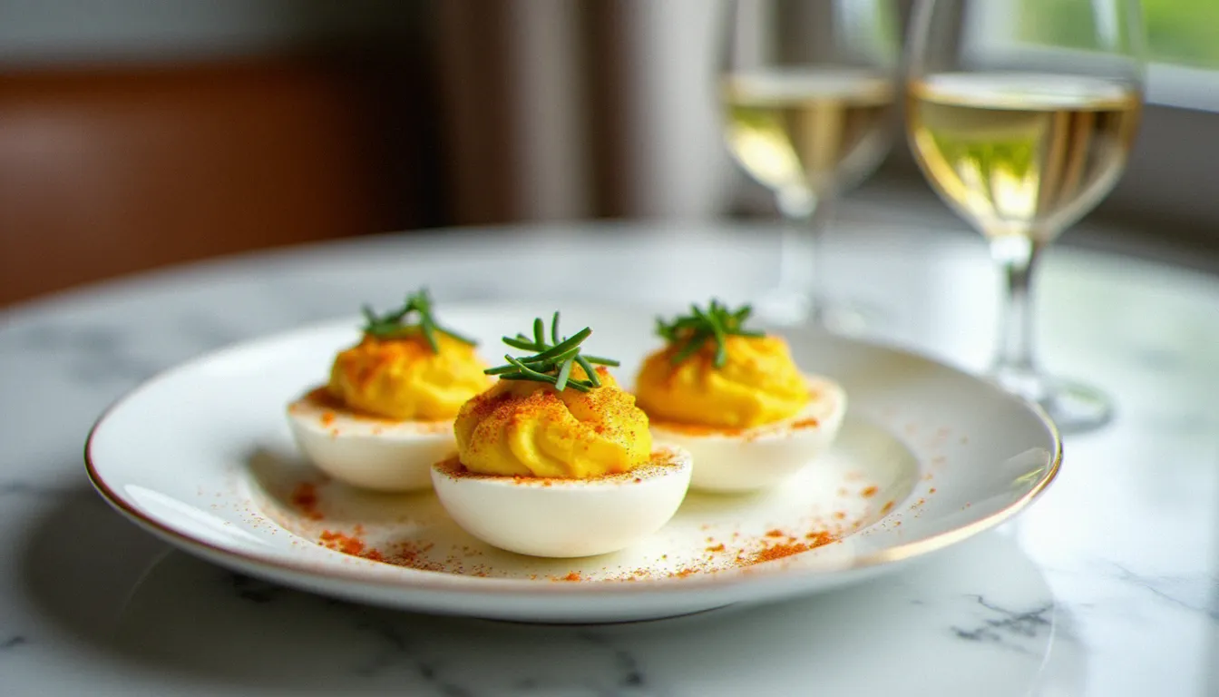 Assiette d'œufs mimosa garnis de ciboulette sur une table de bistrot français, entrée classique de la cuisine traditionnelle