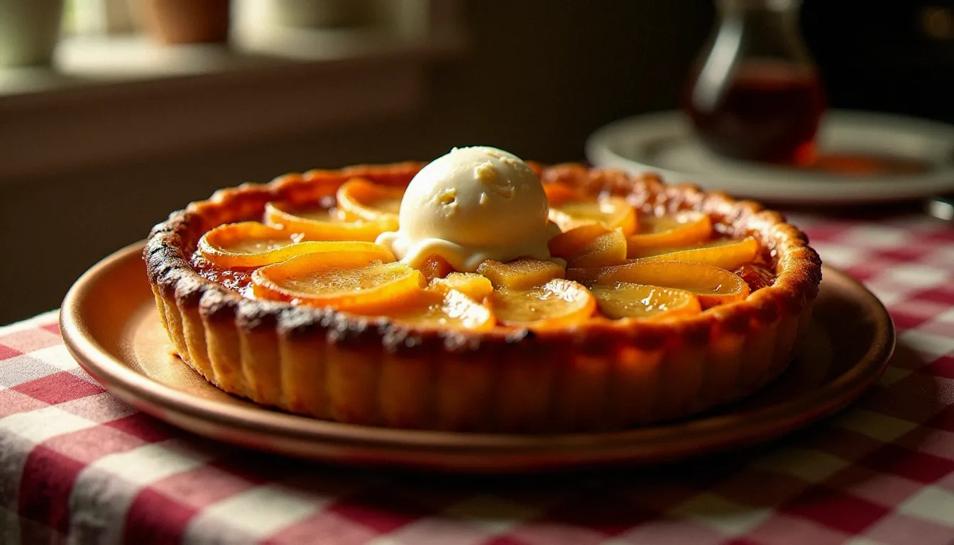 Tarte Tatin démoulée aux pommes caramélisées dans un bistrot français, servie avec une boule de glace vanille artisanale