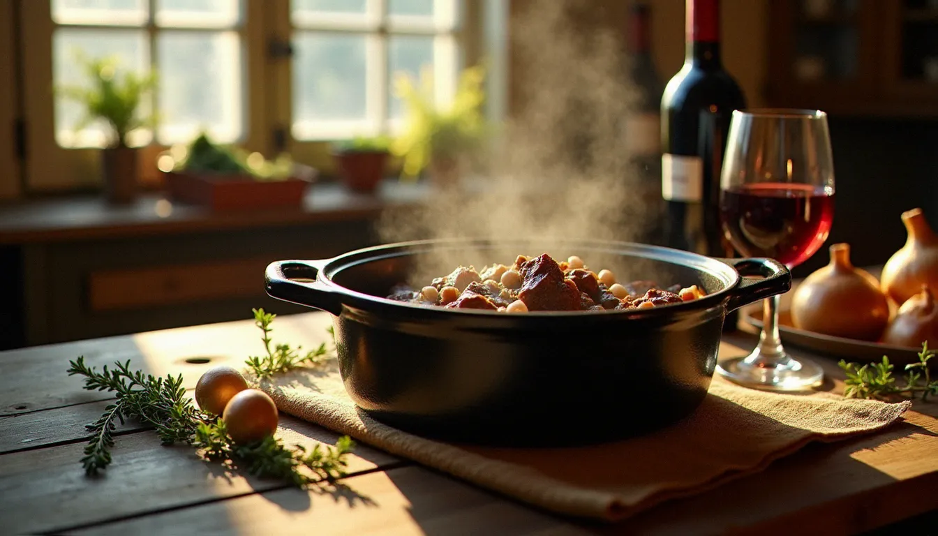 Cocotte en fonte de bœuf bourguignon mijotant sur une table en bois de bistrot français, avec un verre de vin rouge et des herbes fraîches