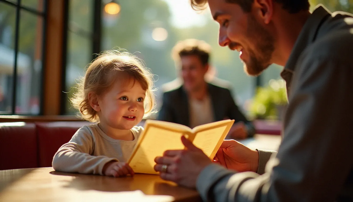 Serveur de restaurant tendant un menu enfant à un bambin curieux assis à table, ambiance bistrot familial français