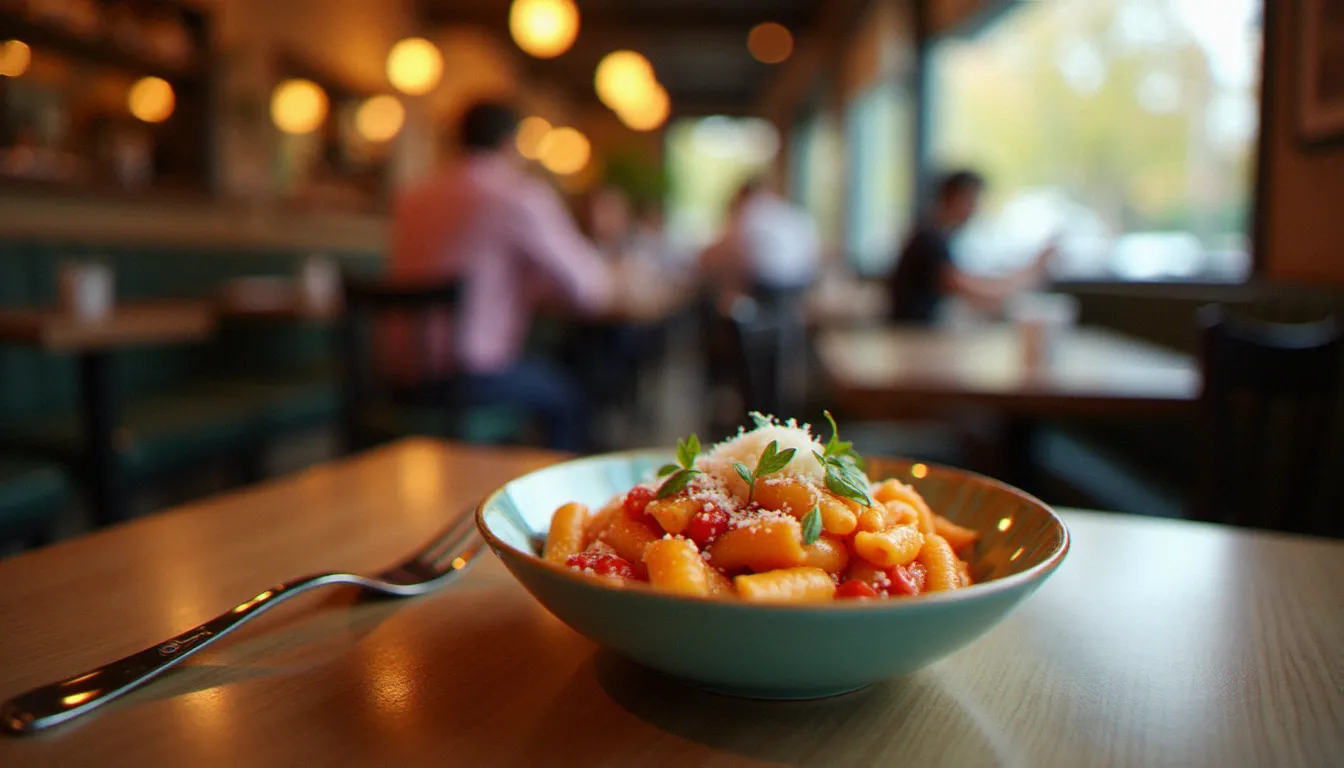 Assiette enfant de pâtes fraîches maison avec sauce tomate légère, servie dans un bol coloré sur table de bistrot