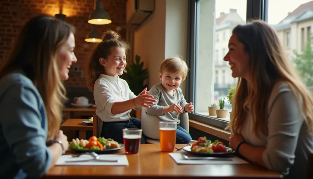 Famille avec enfant attablée dans un bistrot chaleureux, enfant installé sur une chaise haute, repas servi sur table en bois