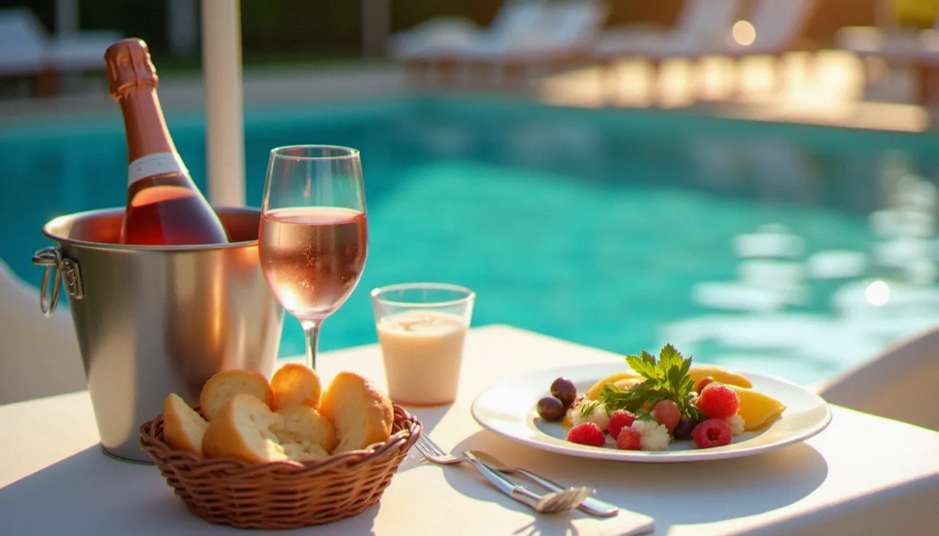 Table de restaurant avec piscine dressée pour deux personnes, seau à glace avec rosé, mise en place soignée et reflets de l'eau en arrière-plan