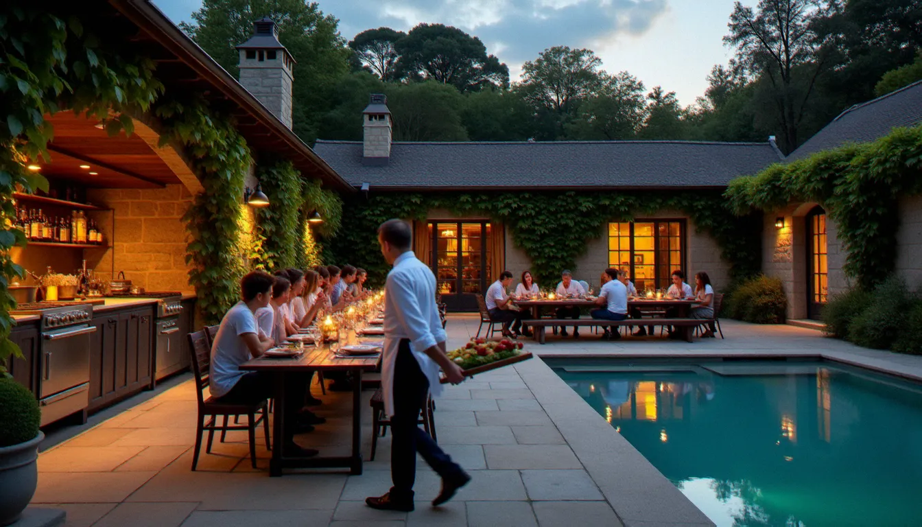Chef apportant des plats de saison à une tablée installée en bord de piscine dans un domaine viticole français au crépuscule