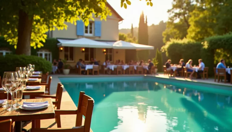 Terrasse d'un restaurant avec piscine en pleine campagne française, tables dressées au bord d'un bassin turquoise sous la lumière dorée de l'après-midi