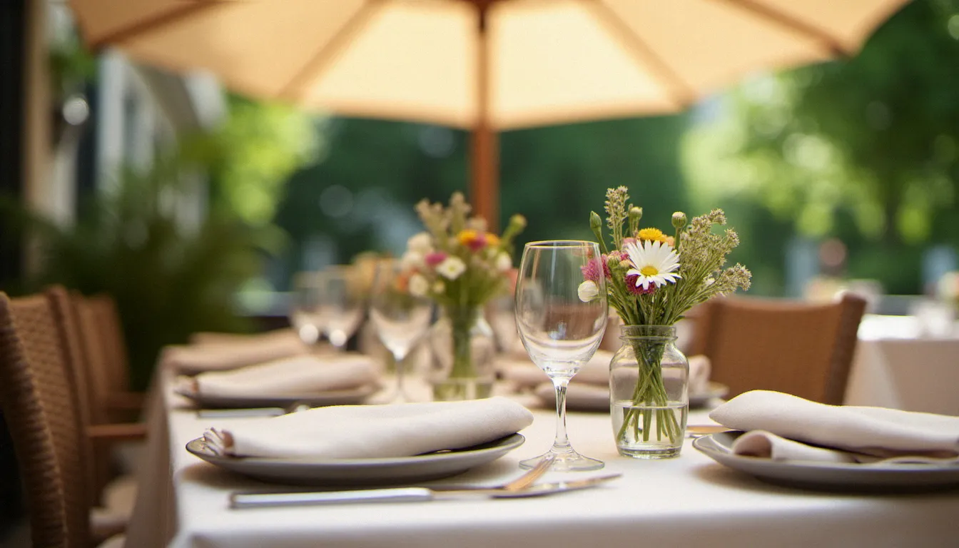 Table soigneusement dressée en terrasse de restaurant avec nappe en lin, vase de fleurs sauvages et couverts en acier, lumière douce filtrée par un parasol
