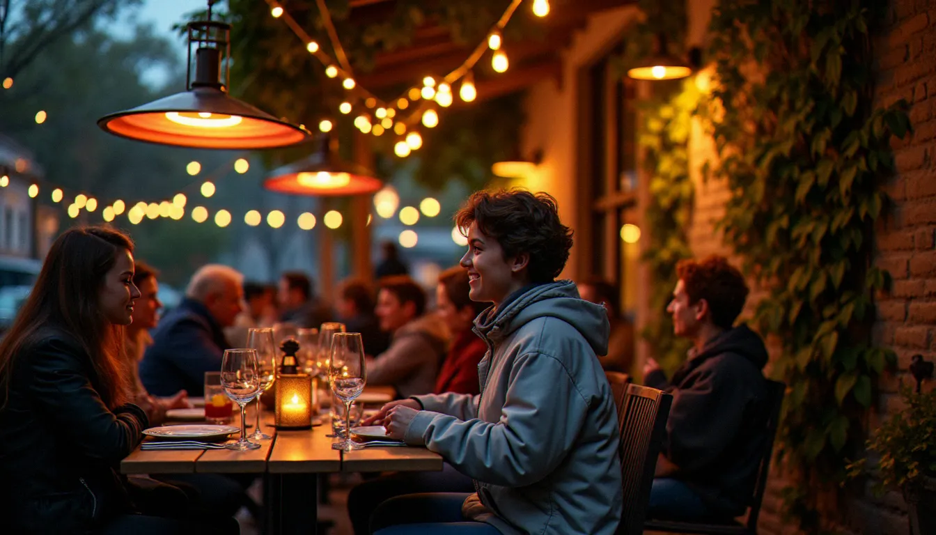 Terrasse de restaurant en soirée équipée de guirlandes lumineuses et chauffages infrarouges, convives attablés à la tombée de la nuit dans une ambiance chaleureuse