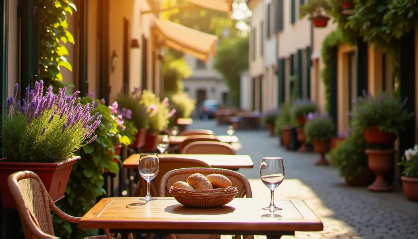 Terrasse ensoleillée d'un restaurant avec terrasse à la française, tables en bois dressées pour le déjeuner et chaises en rotin, lumière dorée de l'après-midi