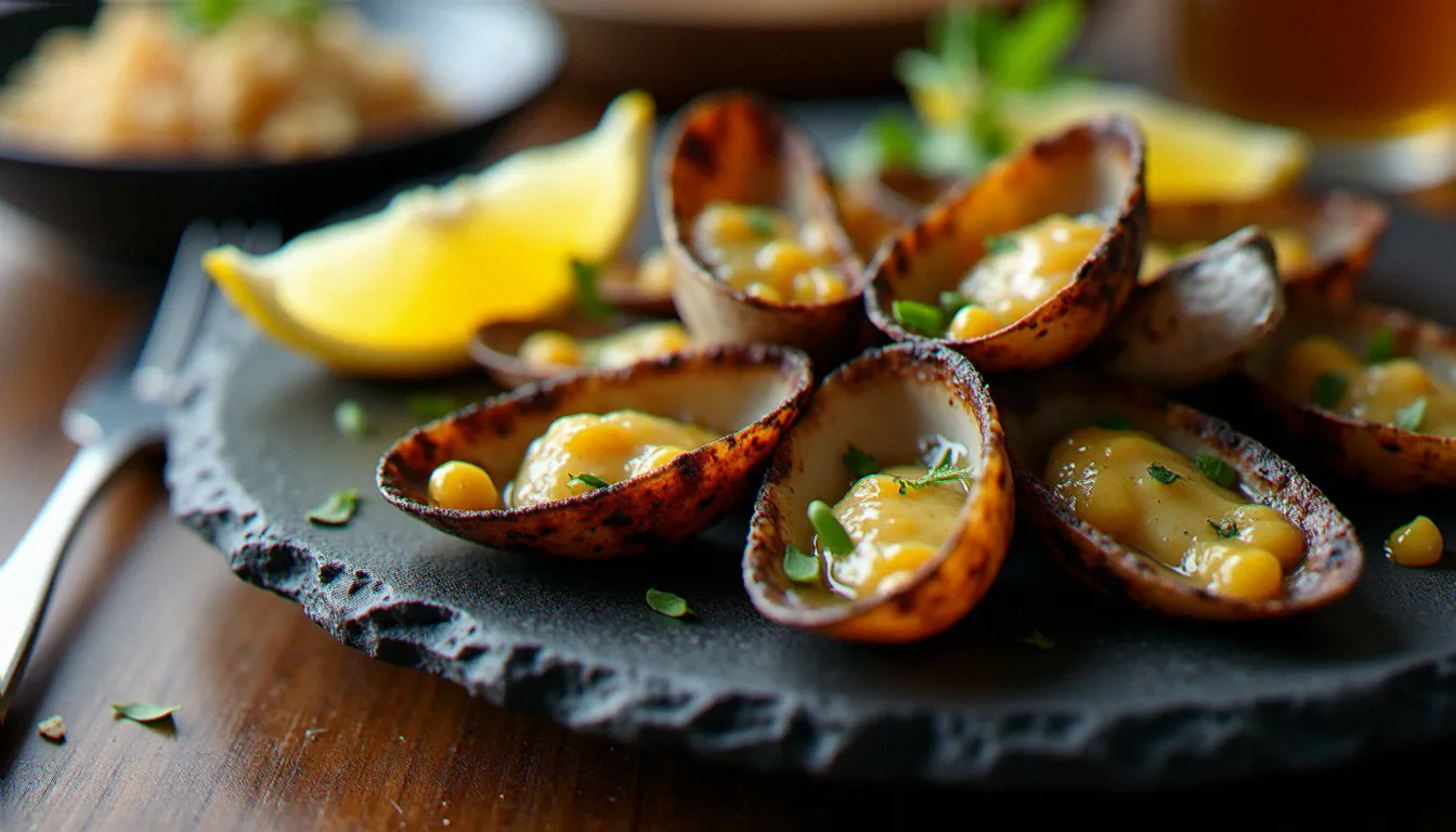 Assiette de limpets grillées madeiranes, spécialité incontournable de la carte des restaurants de Funchal comme l'Avista, servies sur ardoise noire