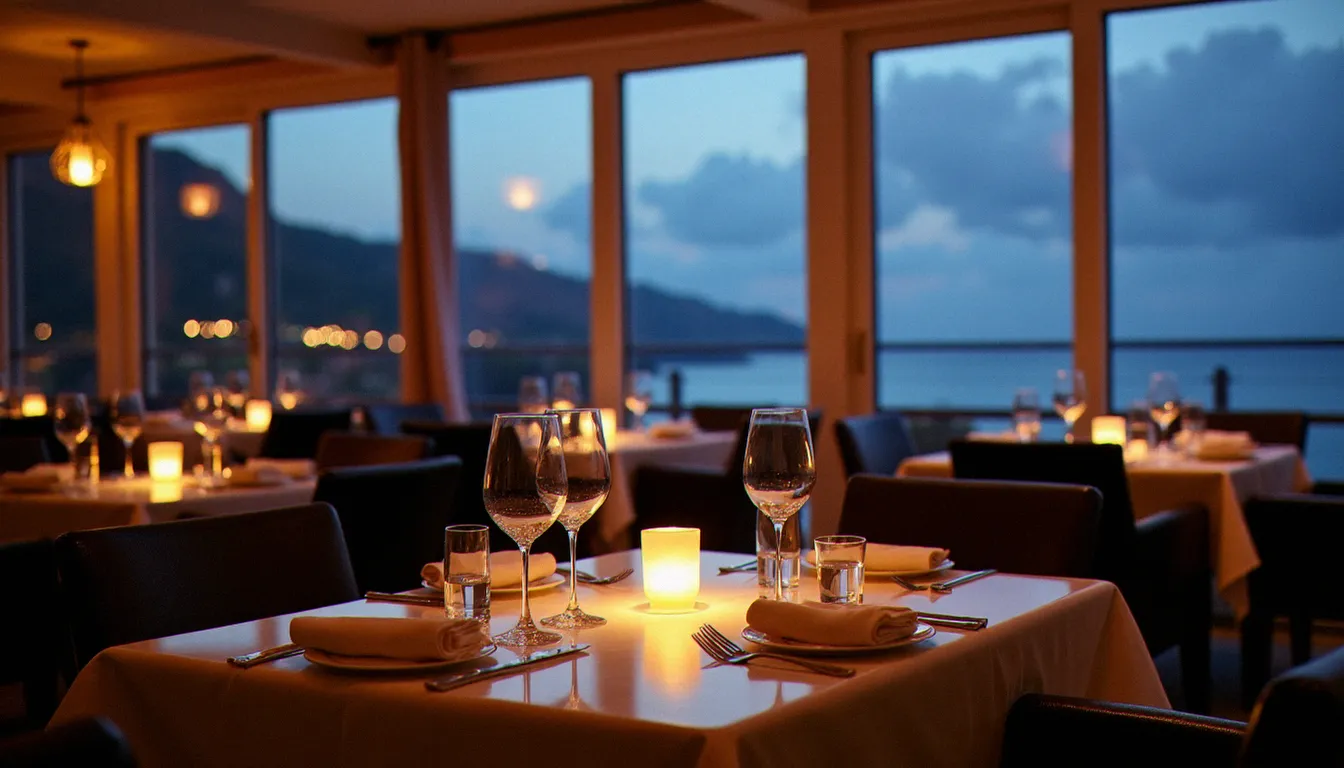 Salle intérieure d'un restaurant gastronomique de Funchal avec baies vitrées donnant sur l'Atlantique, ambiance feutrée et mise en place soignée pour le service du soir