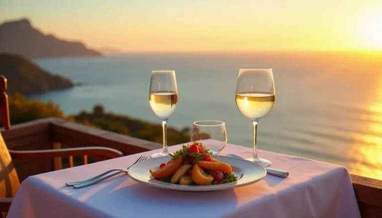 Vue panoramique depuis la terrasse d'un restaurant gastronomique de Funchal sur l'océan Atlantique au coucher du soleil, illustrant l'expérience du restaurant Avista Funchal