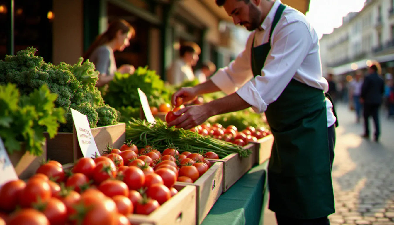 Maraîcher au marché parisien proposant des légumes certifiés Agriculture Biologique à un chef de restaurant