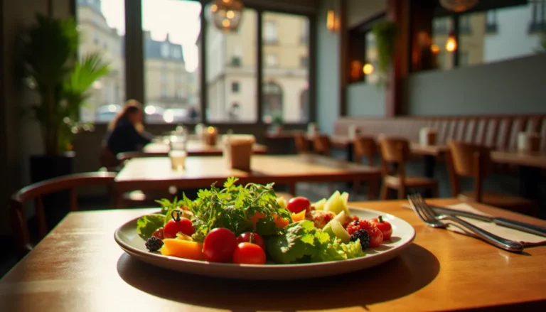 Intérieur lumineux d'un restaurant bio à Paris avec une assiette de légumes de saison sur table en bois, lumière naturelle