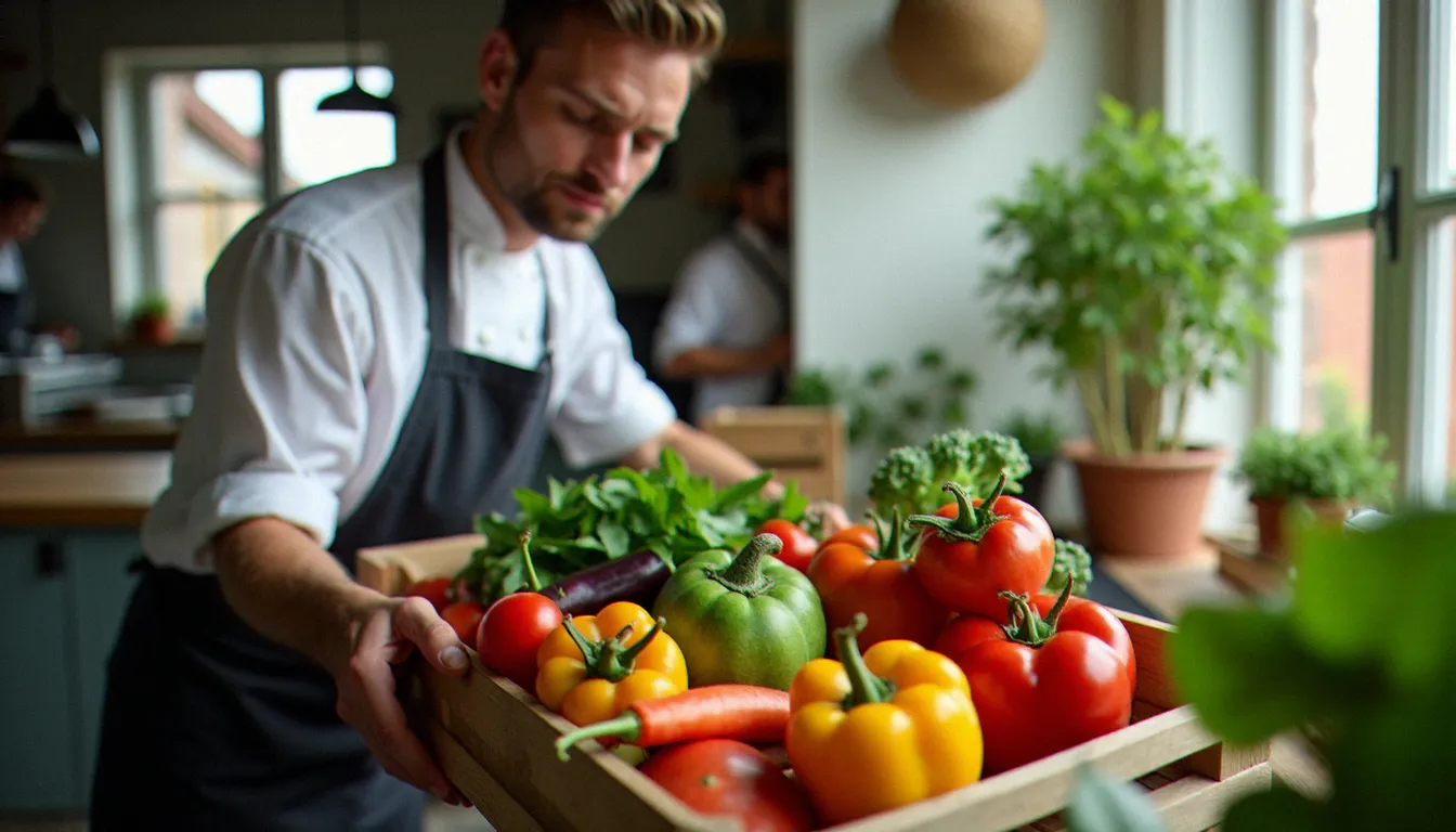 Producteur bio remettant un cageot de légumes frais à un chef cuisinier toulousain dans une cuisine de restaurant