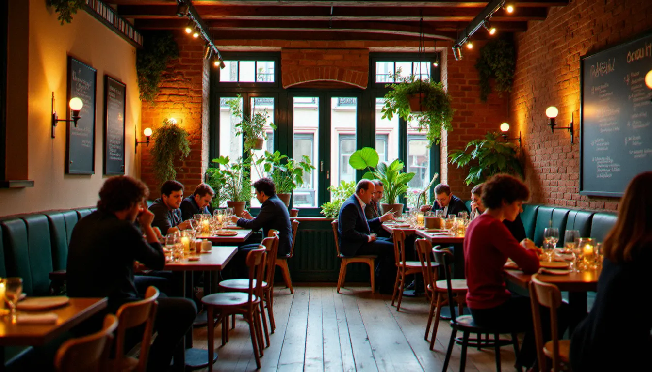 Salle chaleureuse d'un restaurant bio toulousain avec menu ardoise, convives attablés et ambiance bistrot authentique