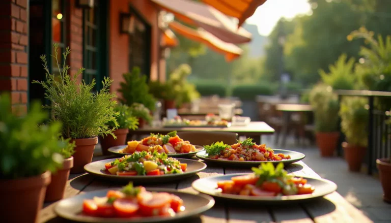 Terrasse ensoleillée d'un restaurant bio à Toulouse avec des plats de saison sur tables en bois et légumes frais