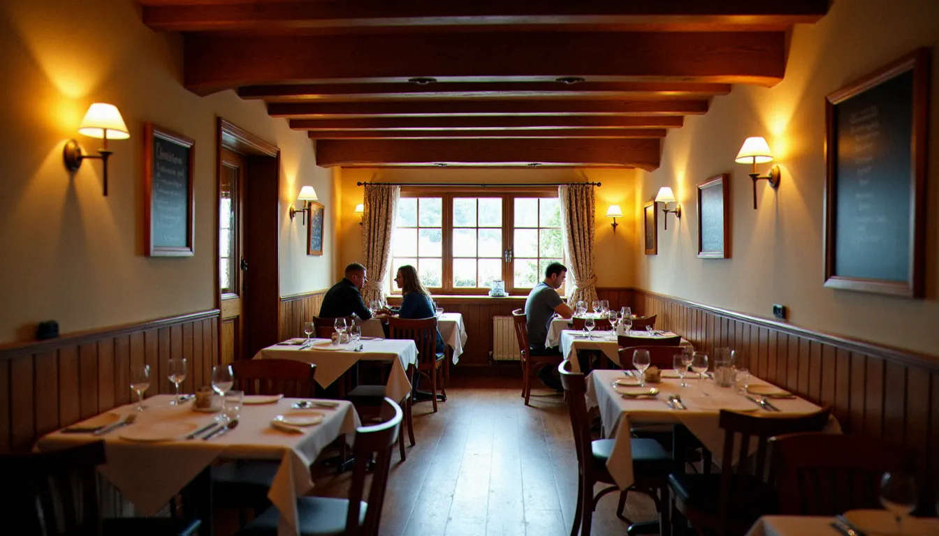 Salle intérieure d'un bistrot de village vaudois avec poutres apparentes, tables en bois et ardoise du jour, ambiance chaleureuse et conviviale