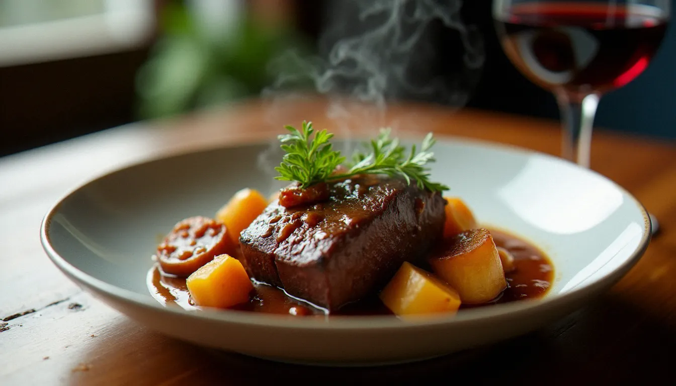 Assiette de cuisine de terroir servie au restaurant Bioley Magnoux, viande braisée et légumes de saison sur fond de table en bois, verre de vin rouge à côté