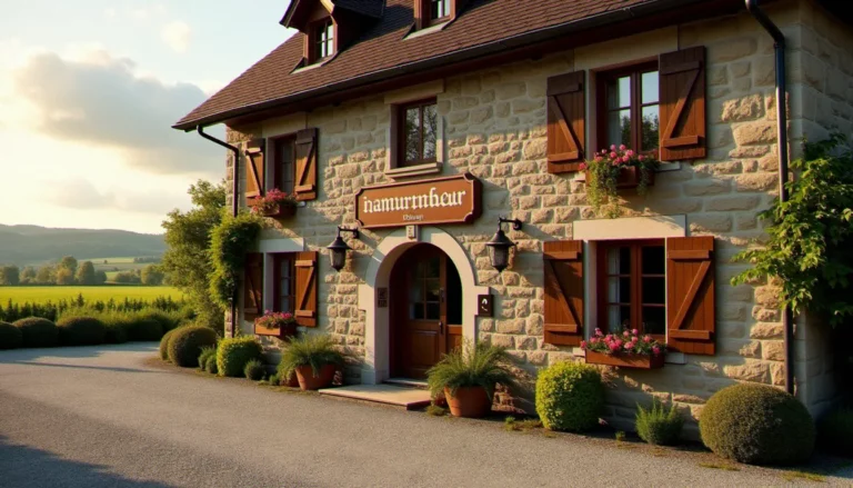 Vue extérieure du restaurant Bioley Magnoux, bâtisse de village en pierre avec volets en bois et jardinières fleuries, entourée de paysages agricoles du Gros-de-Vaud