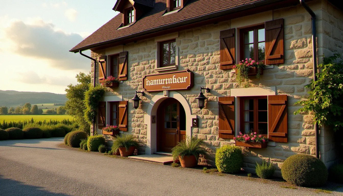 Vue extérieure du restaurant Bioley Magnoux, bâtisse de village en pierre avec volets en bois et jardinières fleuries, entourée de paysages agricoles du Gros-de-Vaud