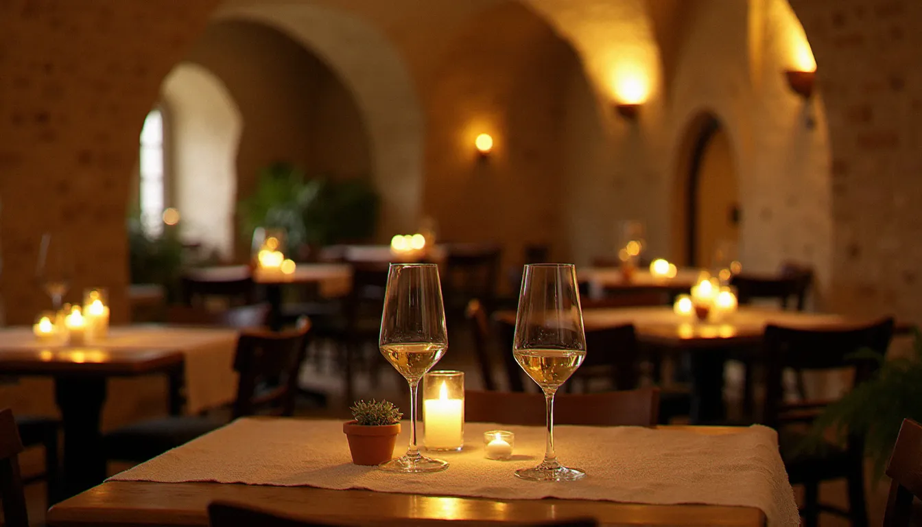 Salle voûtée médiévale d'un restaurant de village perché en Provence, tables en pierre éclairées à la bougie dans une cave ancestrale